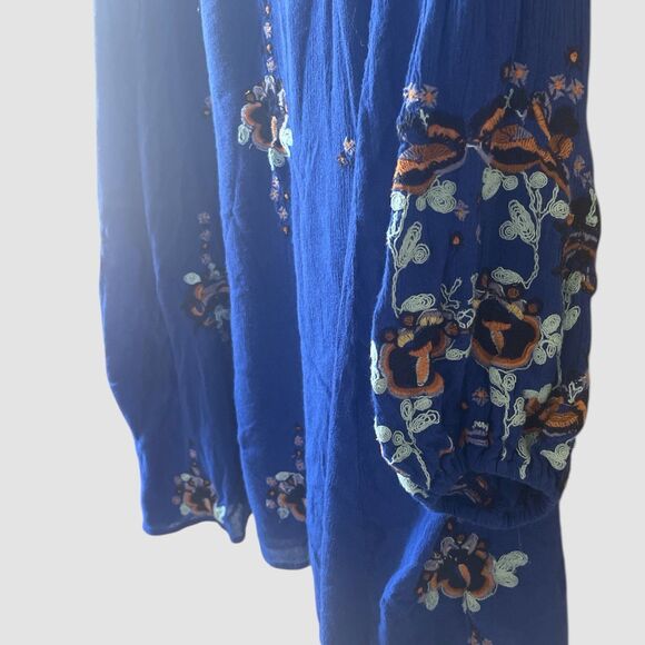 Free People Oxford Embroidered Mini Swing Dress Size Medium Cobalt Blue Pockets - Picture 7 of 8